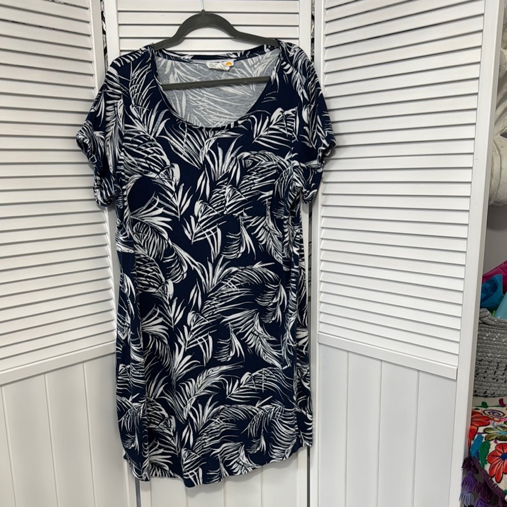 Navy and White Leaf Print Dress